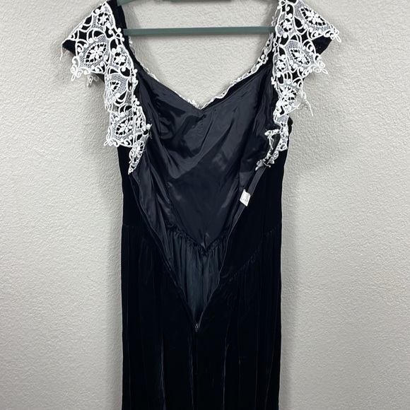Vintage Velvet V Waist Midi Dress Lace Collar Off the Shoulder Black - Picture 7 of 12